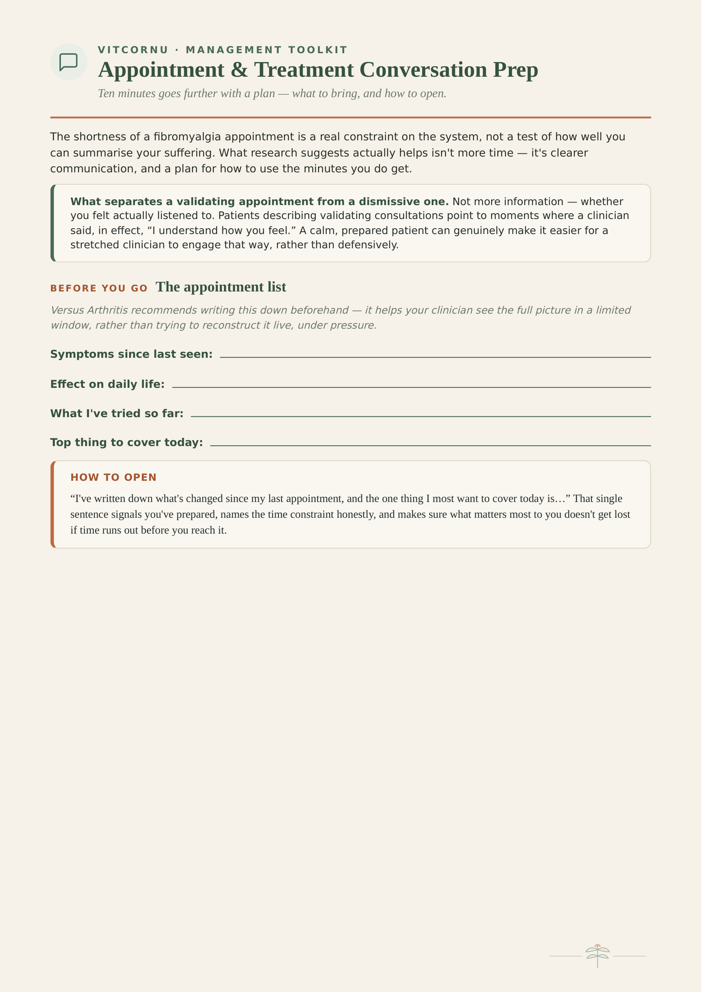 Appointment & Treatment Conversation Prep — printable worksheet with appointment list and ready-to-use scripts