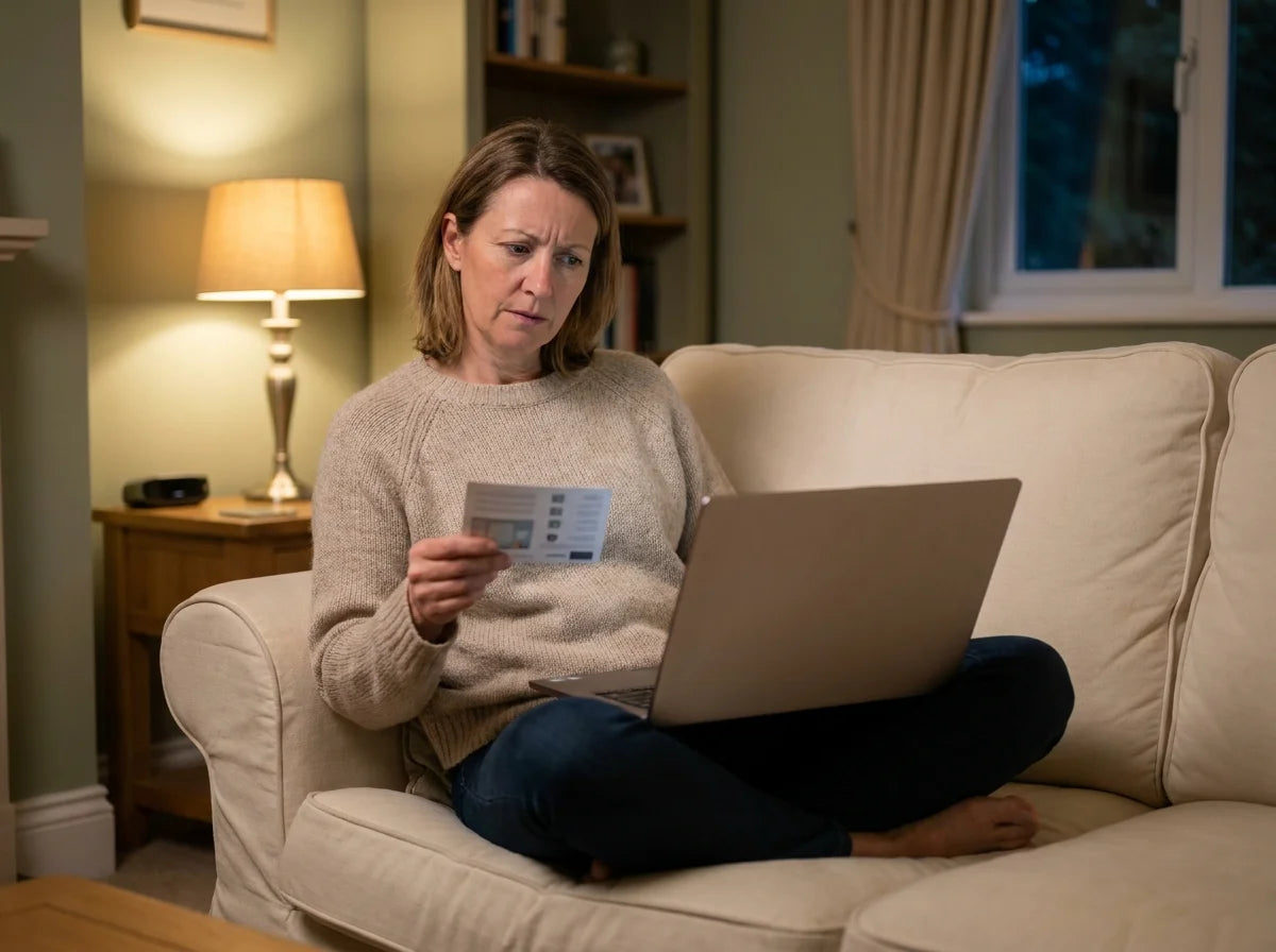 A woman on her sofa comparing the Evidence-Check Card against her laptop screen