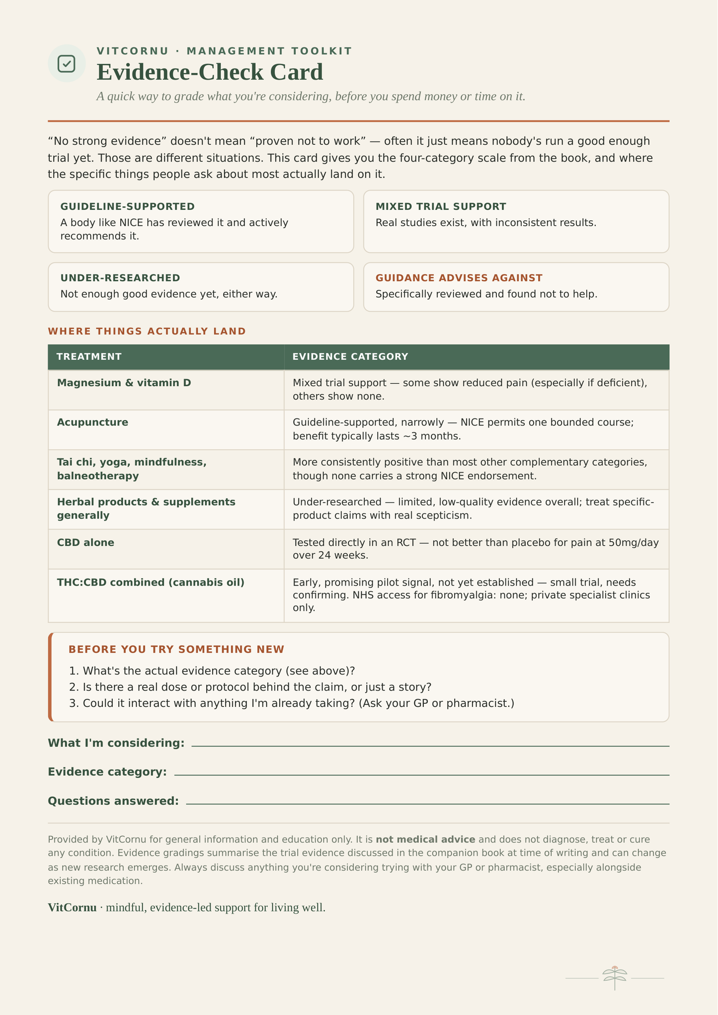 Evidence-Check Card — printable page showing the four-category evidence scale and treatment reference table