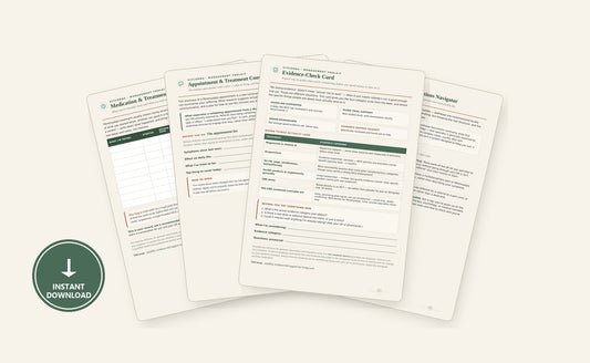 Management Toolkit — Complete: four Treating Fibromyalgia tools fanned out — Medication Tracker, NHS Pathway Navigator, Appointment Prep, Evidence-Check Card