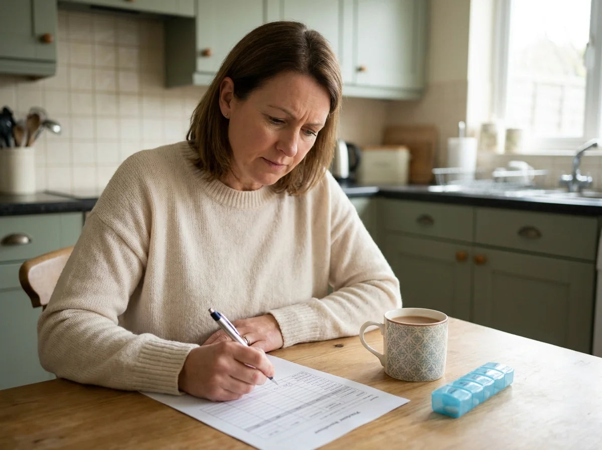 A woman filling in a printed Medication & Treatment Tracker at her kitchen table with a cup of tea