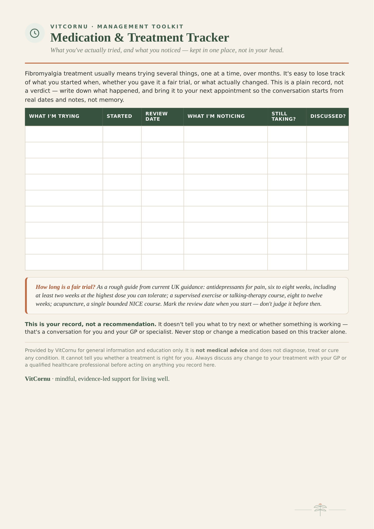 Medication & Treatment Tracker — printable fillable page showing a table for logging medications, review dates and notes
