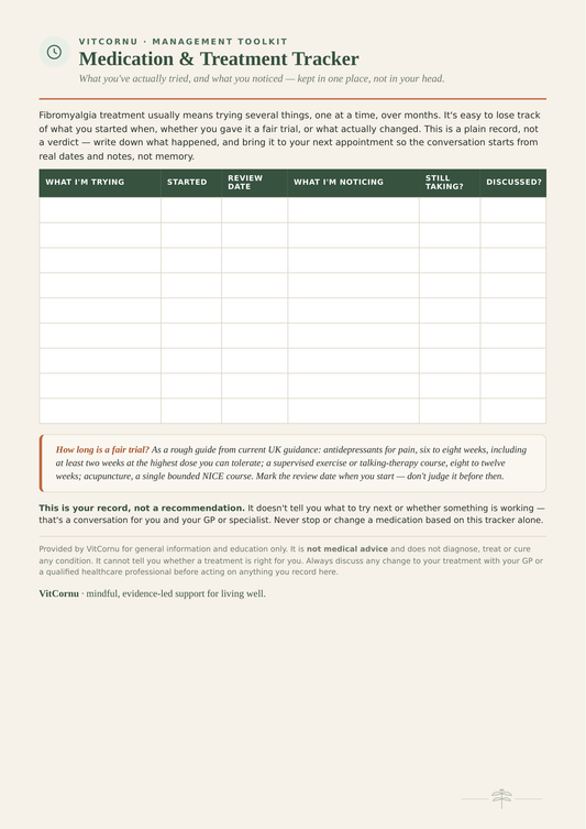 Medication & Treatment Tracker — printable fillable page showing a table for logging medications, review dates and notes