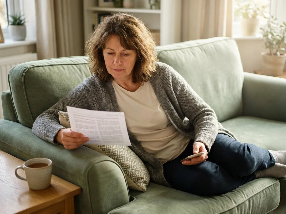 A woman on her sofa reading the NHS Pathway & Private Options Navigator with her phone in hand